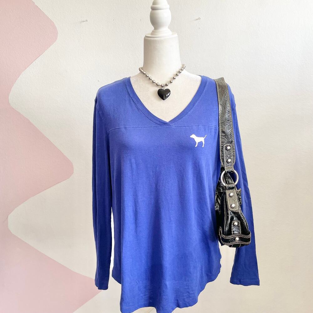 Victoria’s Secret PINK Blue Campus Logo Long Sleeve Top Y2K 2000s 2014‎ Small